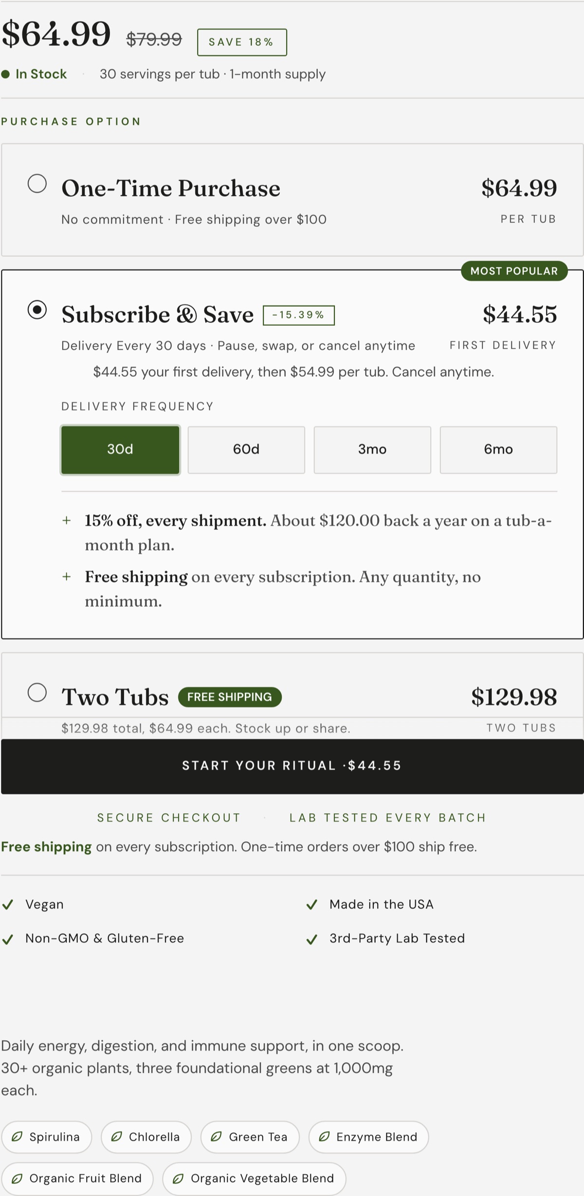 Close-up of the rebuilt purchase option card with subscribe and save rows and forest green selected state