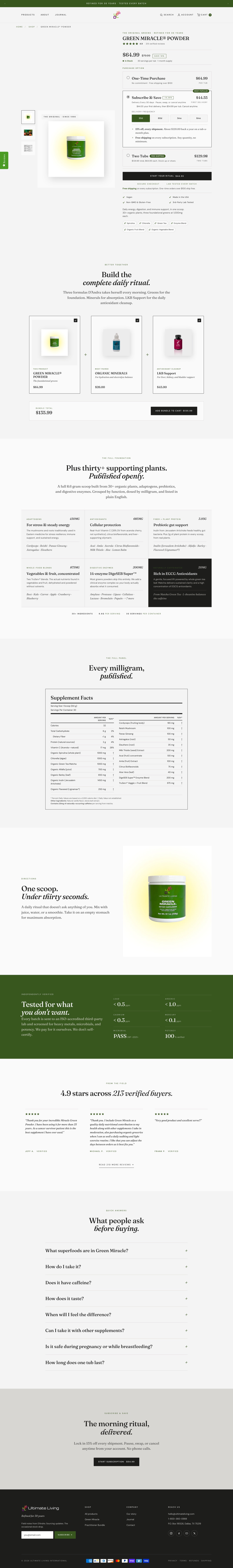 Rebuilt Green Miracle product page showing full editorial layout with lab-tested band and forest green buy box