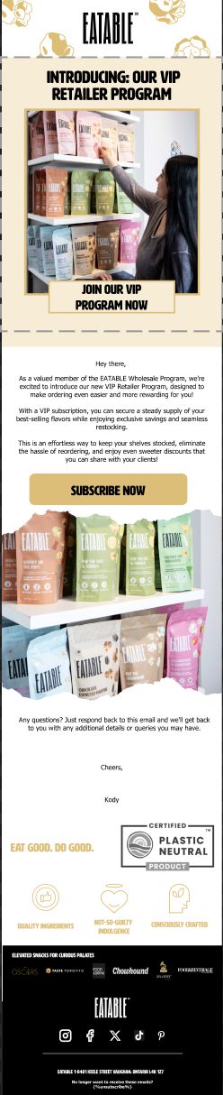 VIP Retailer Program email for EATABLE