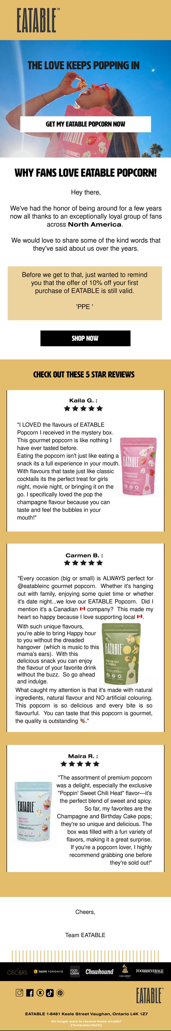 The Love Keeps Popping In email for EATABLE