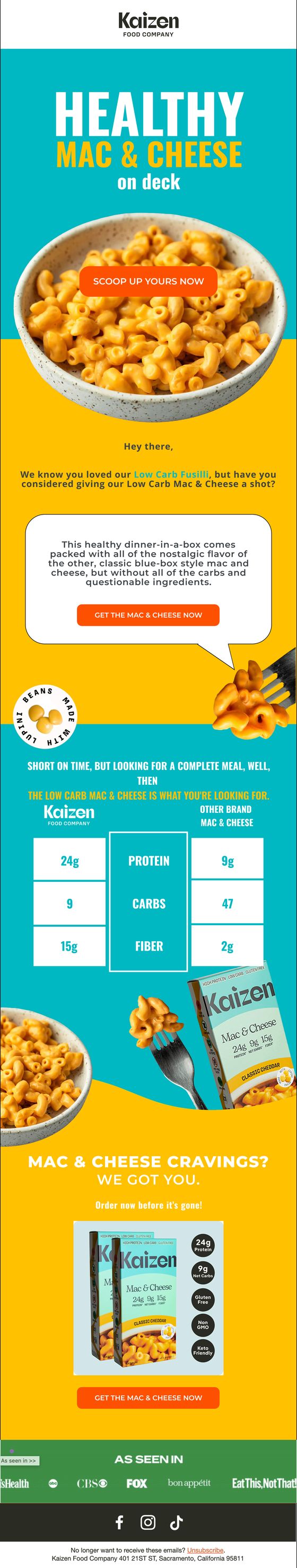 Healthy High-Protein Mac & Cheese email for Kaizen Food Company