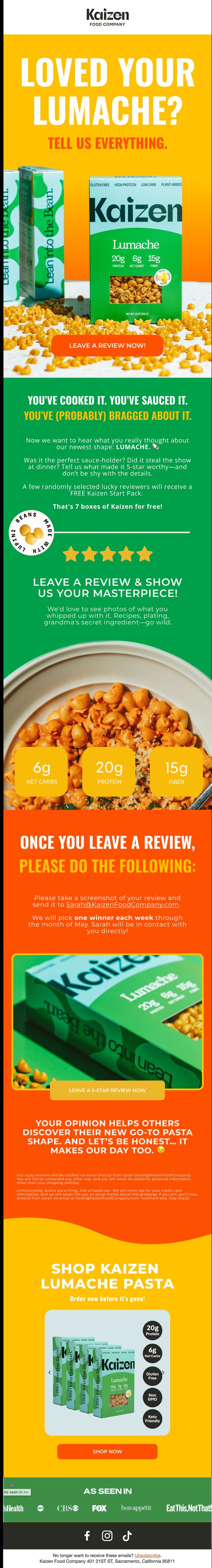 Loved Your Lumache? email for Kaizen Food Company